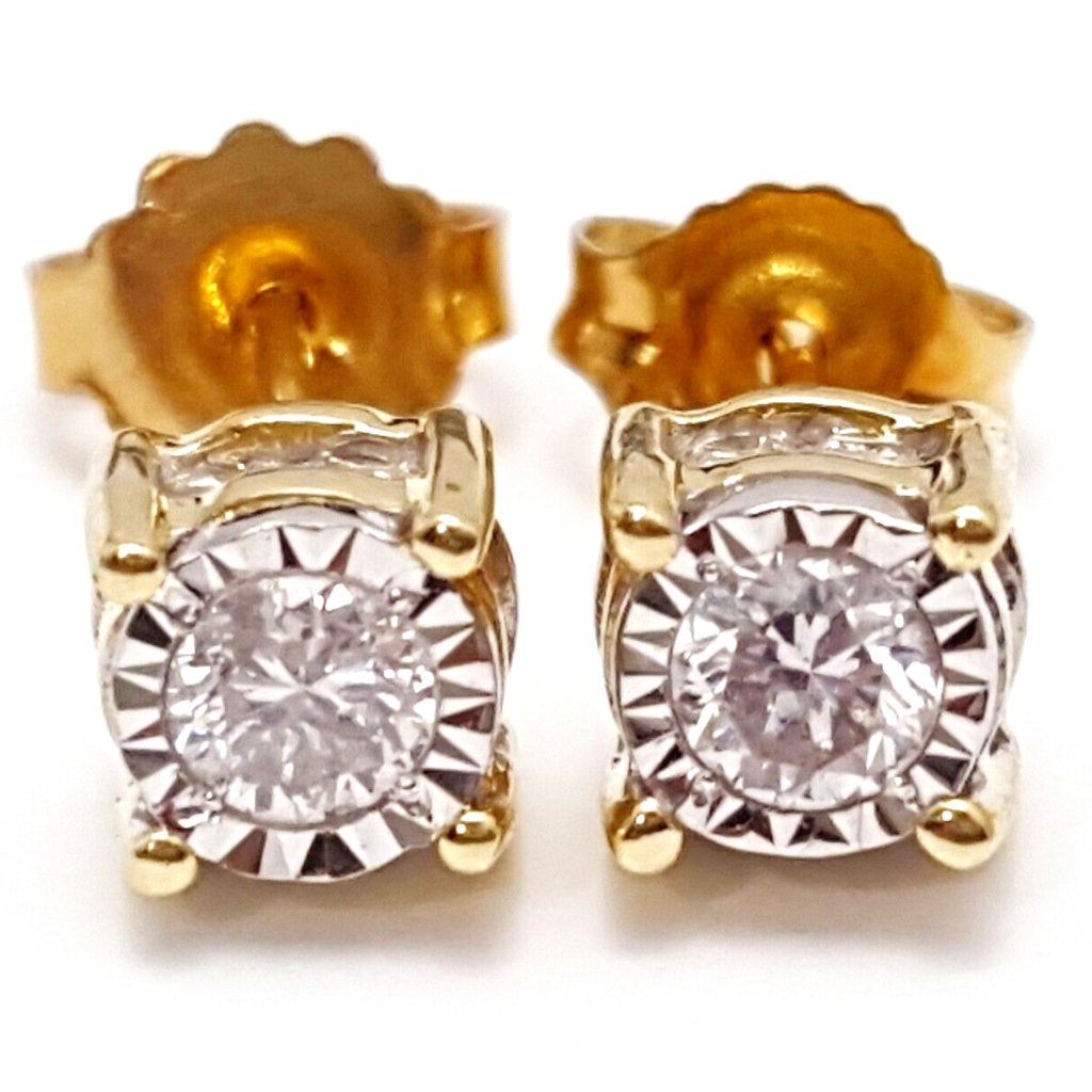 Beautiful 10k Karat Solid Two Tone Multi Tone Gold Round Cut Diamond Earrings